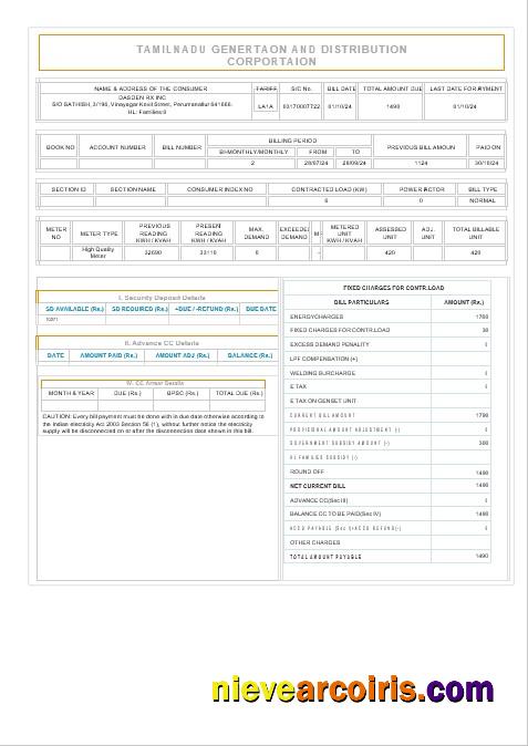 INDIA TAMILNADU business utility bill